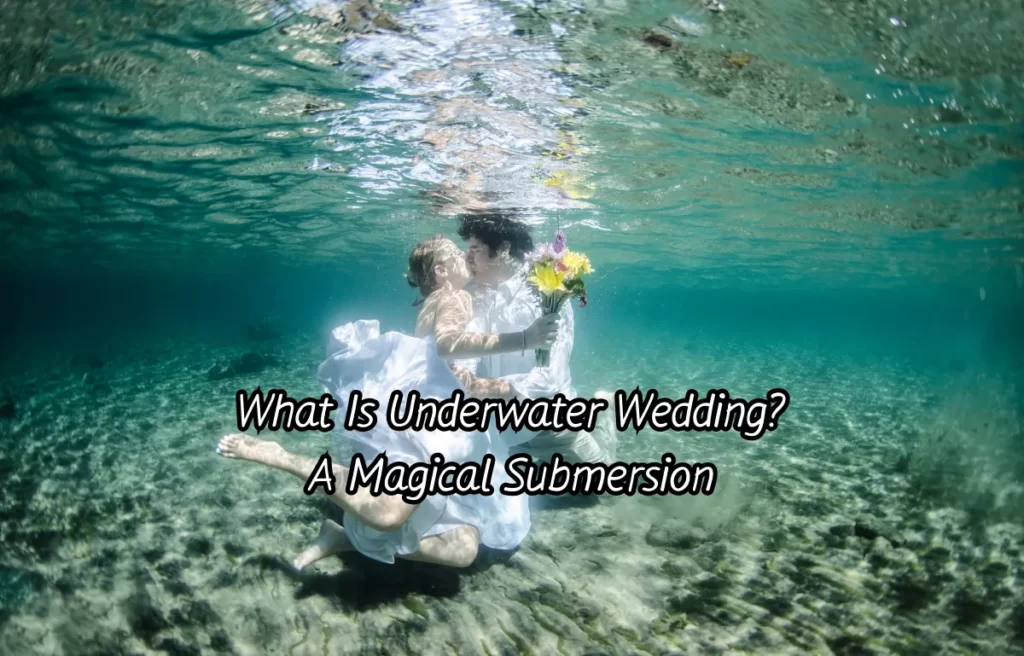 Bride and groom kissing underwater
